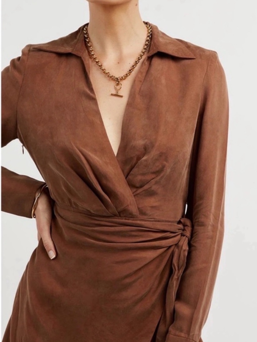 Dissh Sasha Wrap Mini Dress Tan Cupro Viscose Long Sleeve Nwt Size 4 — image 5 of 8